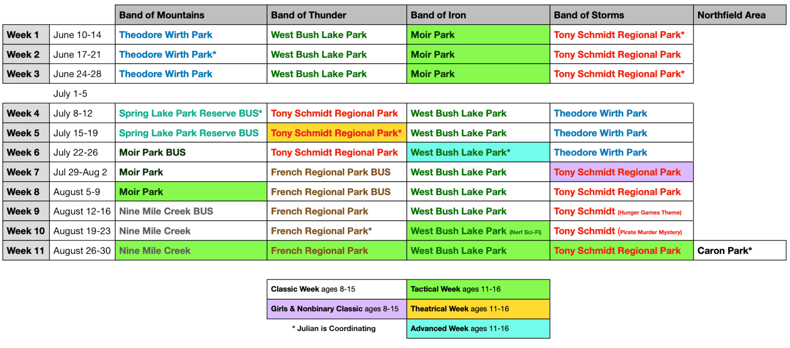 2024 Park Schedule